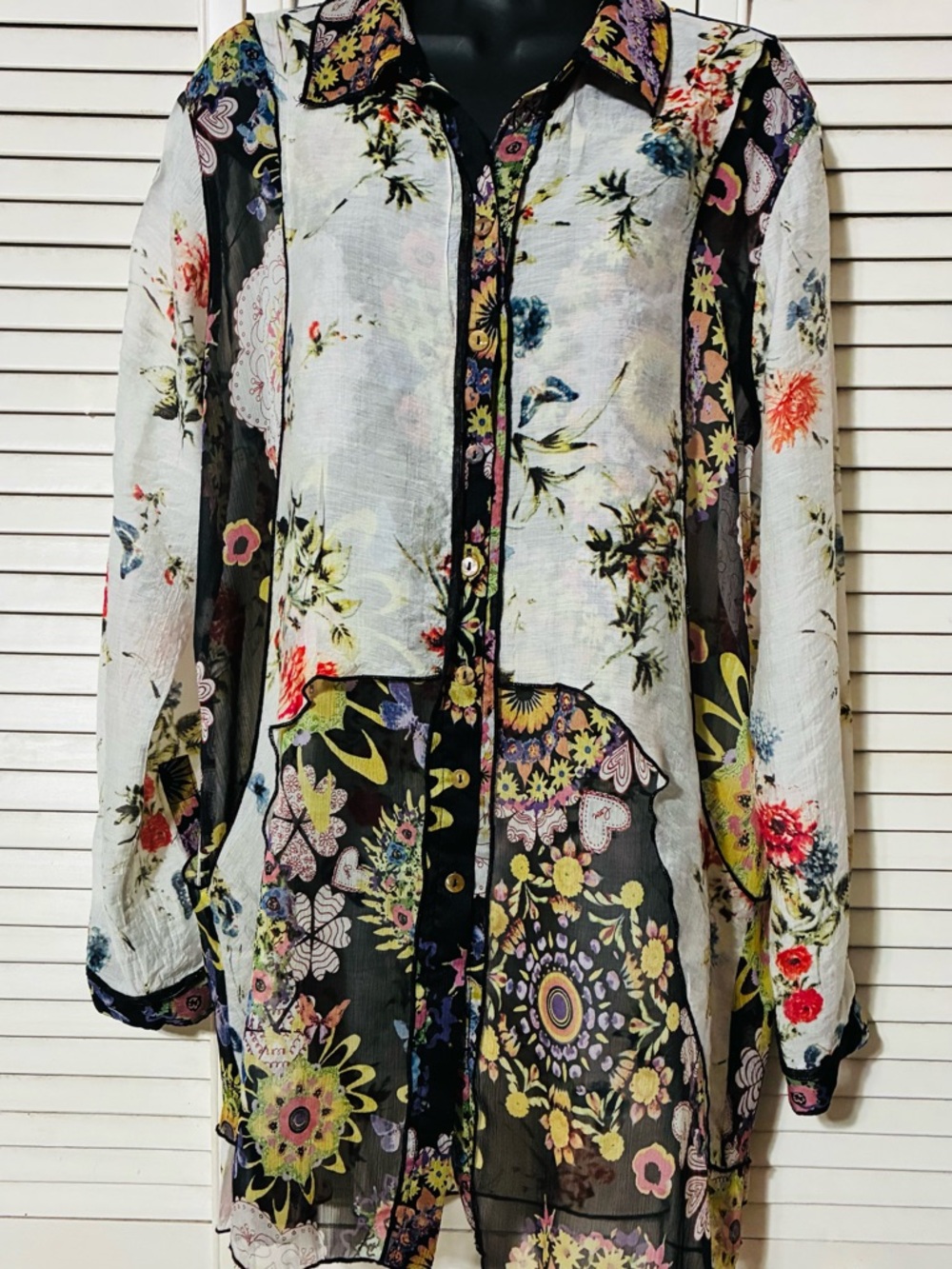 John Mark Floral Print Sheer Blouse - Black, Purple, Yellow